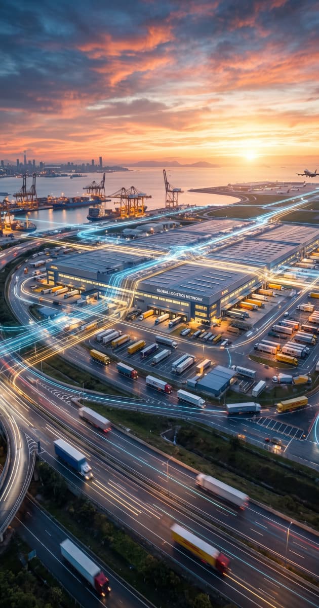 Hub logístico global — puerto, almacén y carga aérea integrados al atardecer